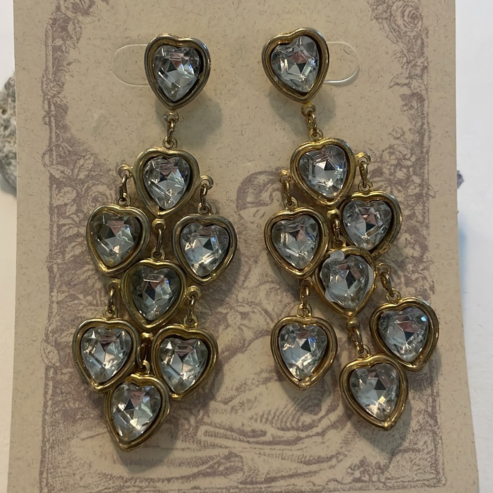 Gold Tone Heart Shape Dangle Rhinestone Pierced Ear Earrings